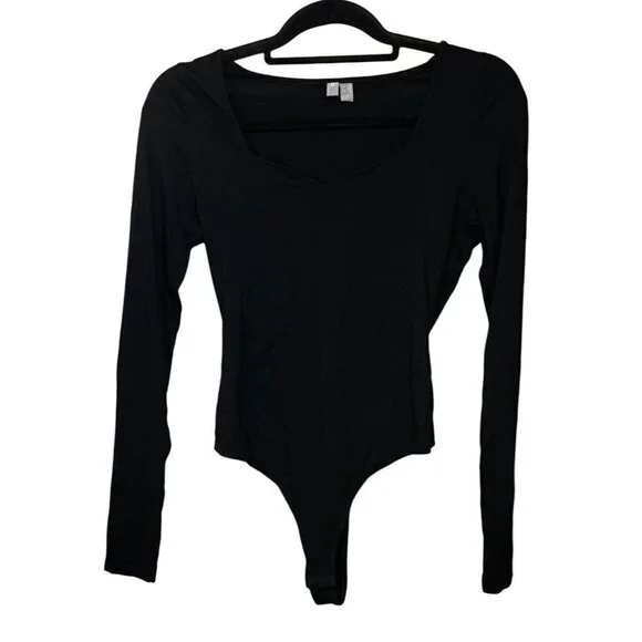 Asos Black Bodysuit Long Sleeve Thong Snap Closture Size 2 Stretch - Picture 1 of 6